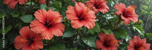 Wallpaper Mural Vibrant hibiscus blooms, lush tropical foliage ,  tropical,  flowers,  illustration Torontodigital.ca