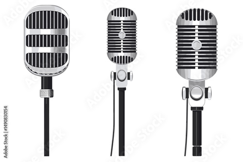 Microphone silhouette. Modern and old vintage mic icons. Music or podcast recording. Logo element for karaoke and radio broadcast vector set.