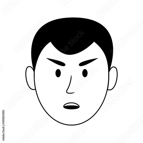 Angry boy face in black and white with bold expression.