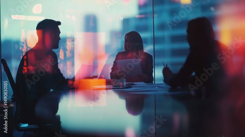 Night Meeting: Business Professionals Collaborate in Modern Office