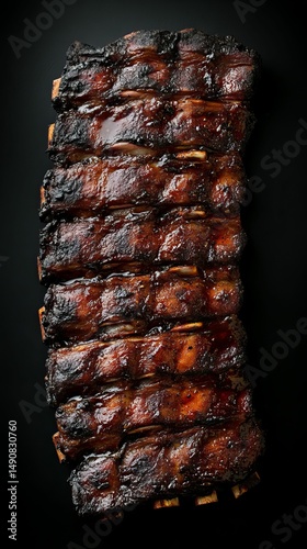sticky glazed pork ribs laid out over textured black background showcasing char and caramelization, pork meat lover dark sweet marinade perfect for bbq promotion or meat menu design