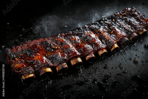 sticky glazed pork ribs laid out over textured black background showcasing char and caramelization, pork meat lover dark sweet marinade perfect for bbq promotion or meat menu design