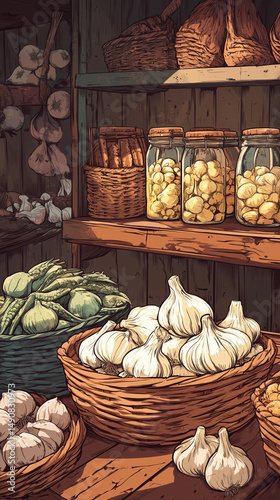 Vintage market display of garlic and vegetables in wooden shelves  