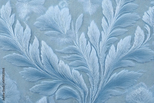 Wallpaper Mural Floral Serenity: A tranquil close-up of a wallpaper pattern, displaying delicate floral and leaf motifs in serene shades of blue, evokes a sense of calm and sophistication.  Torontodigital.ca