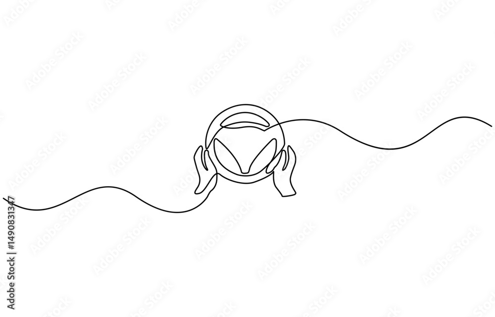 Obraz premium steering one line art drawing, hand holds the steering wheel - one line drawing. Concept of car interior, driving one hand, driving exam.