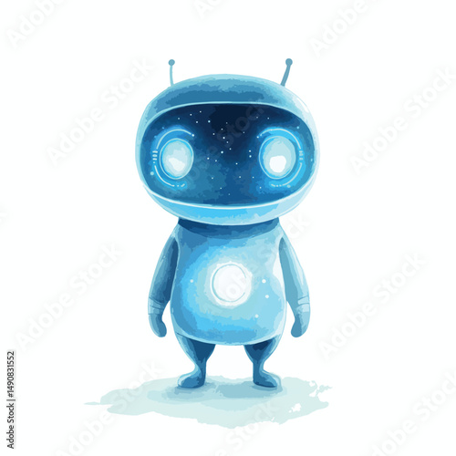 Adorable Watercolor Robot with Glowing Eyes and Antennae Standing Proudly