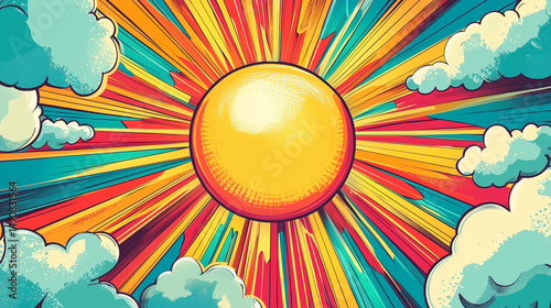 Bright sun radiating colorful rays against a backdrop of clouds - Concept of mandala  
