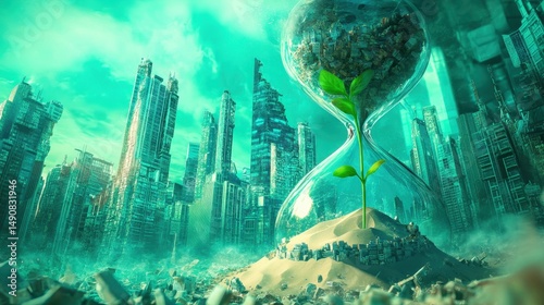 Hourglass with Sprout Growing in Sand Amidst Futuristic City Depicting Environmental Hope and Ecological Revival with Artificial Intelligence Art