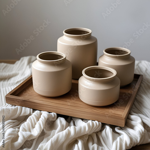 The text describes a set of white knitted fabric containers and a wooden tray made of beige ceramic.