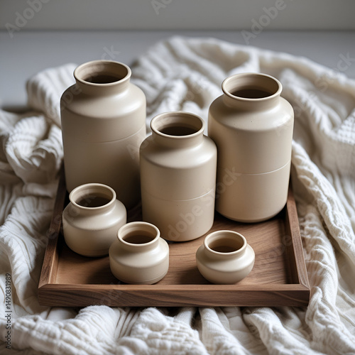 The text describes a set of white knitted fabric containers and a wooden tray made of beige ceramic.