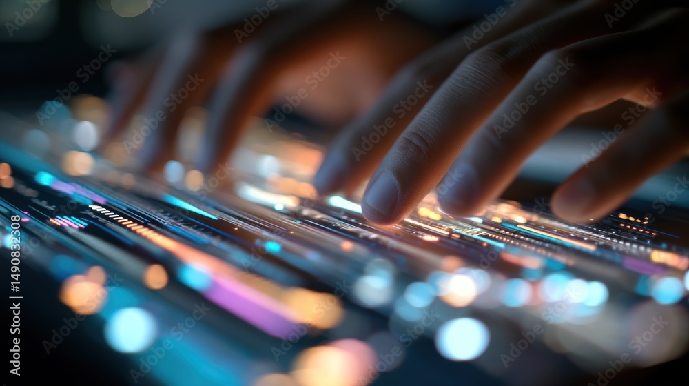 Abstract Futuristic Technology, Hands Interacting with Illuminated Interface Abstract Futuristic Technology, Hands Interacting with Illuminated Interface