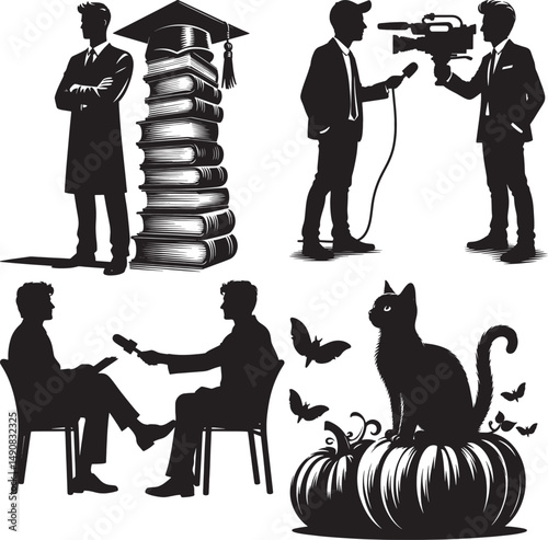 A collection of black silhouettes featuring graduation, journalism and halloween scenes