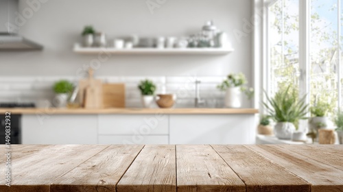 Modern kitchen countertop, soft focus, wooden surface