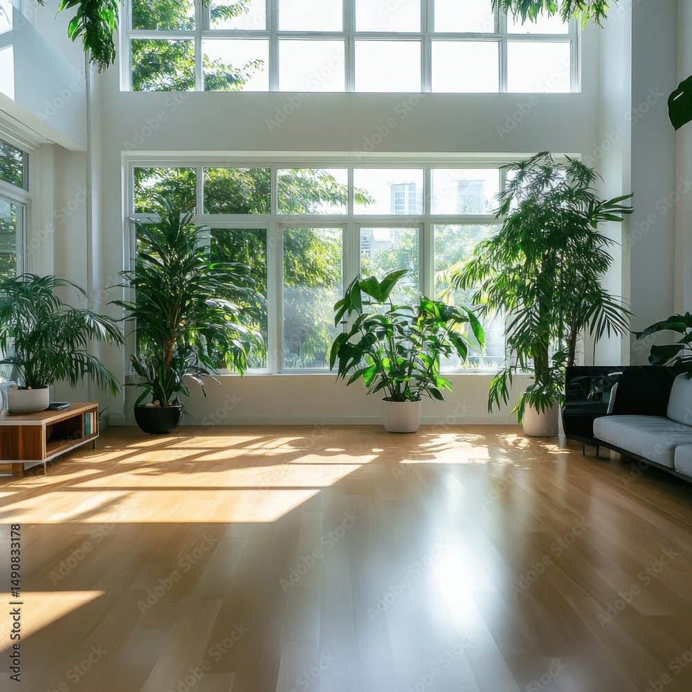 Fototapeta premium Bright living room with tropical plants modern home interior design sunlit space contemporary style