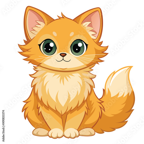 A fluffy, cream and ginger kitten with big, soulful eyes sitting and looking upwards on white background