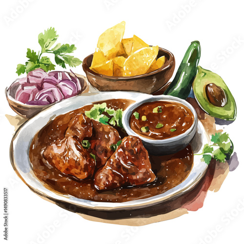 watercolor vector of Mole Poblano Over Chicken, high quality, isolated on a white background.