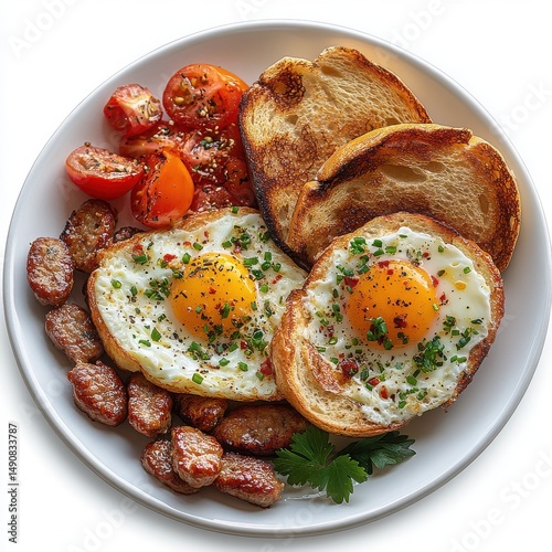 A plate of breakfast with fried eggs toast sausage and tomatoes on a white plate