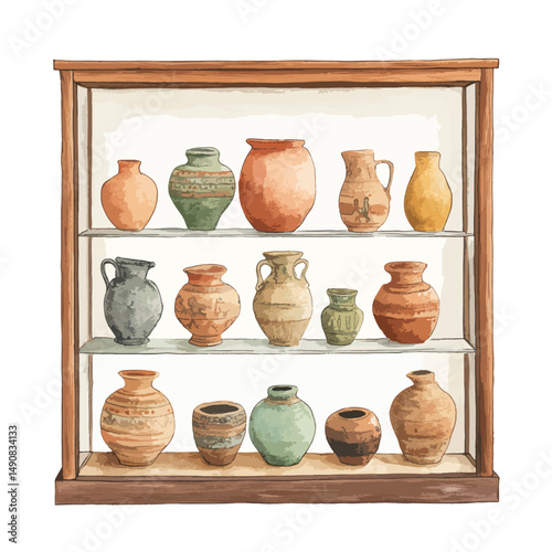 Antique Pottery Collection Displayed in Wooden Case (1)