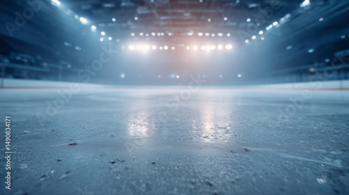 Empty ice rink with a smooth surface, viewed from the stands, under soft lighting. A serene and minimalist sports moment.
