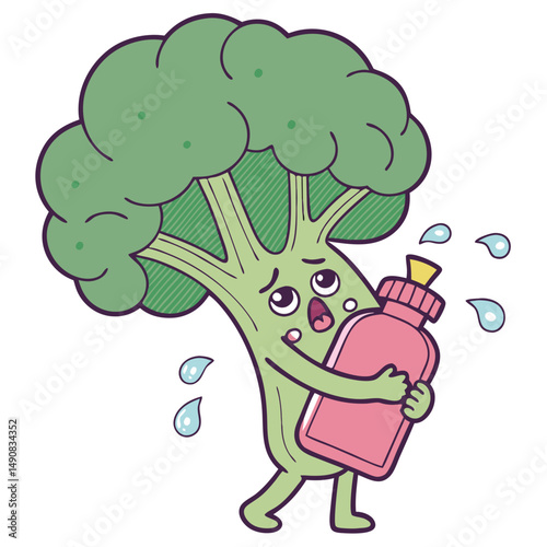 Sneezing Broccoli with Hot Water Bottle, Cute Cold Theme. Perfect for: Winter Holidays, Cold Weather Themes, Get Well Cards