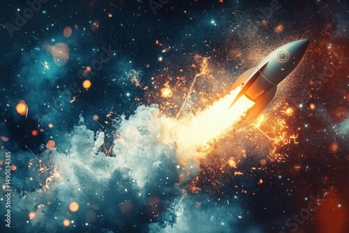 Wallpaper Mural A dynamic photo collage design showcases an abstract technology background with concept of an idea notebook soaring through sky like a rocket- capturing essence of innovation and creativity in a visu Torontodigital.ca