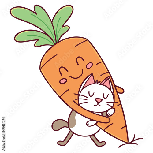 Carrot Hugging a Kitten with Healing Vibe. Perfect for: Pet Adoption Events, Healing Spaces, Kindness Campaigns