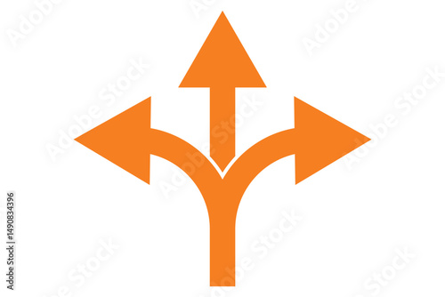 Three way direction arrow choice path decision making navigation route options diverging point concept icon. Three Roads Arrow Icon Vector Symbol Set for Decision and Directional Designs. 
