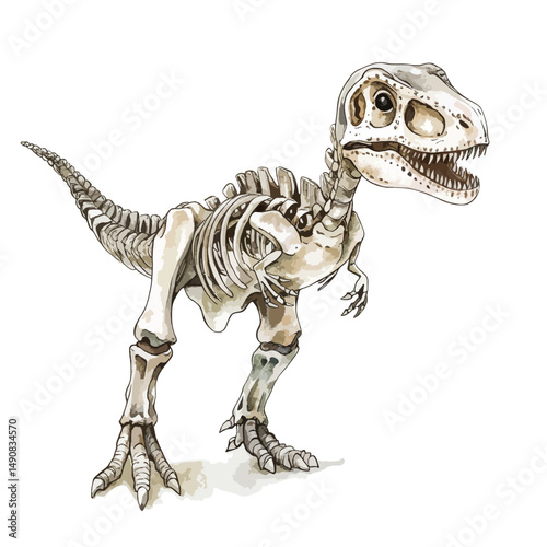 Artistic Watercolor Depiction of a Tyrannosaurus Rex Skeleton in Profile