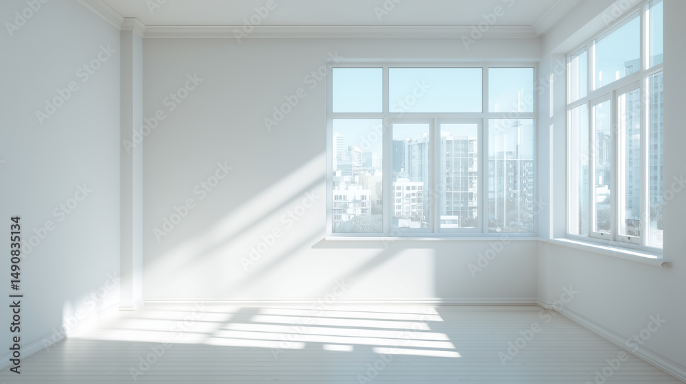 Fototapeta premium Bright empty room with large windows and city view outside