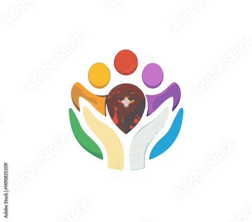 Colorful abstract logo representing unity and community with stylized figures and hands