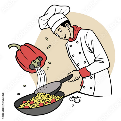 Red Bell Pepper Cooking Fried Rice, Chef Style. Perfect for: Culinary Events, Food Festivals, Cooking Shows