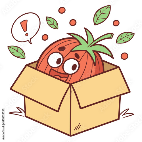 Tomato Playing Hide and Seek in Cardboard Box, Playful Style. Perfect for: Kids' Playrooms, Family Games, Childhood Memories