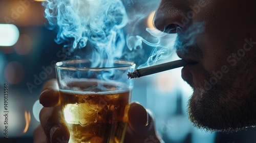 Man Smoking and Drinking in a Bar: A Gloomy Atmosphere