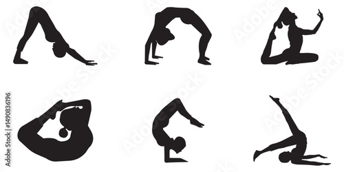 Set of Silhouette Yoga Poses Flexible Poses for Fitness, Health, and Wellness Design. Silhouettes of woman doing yoga exercises. Icons of flexible girl stretching and relaxing eps 10