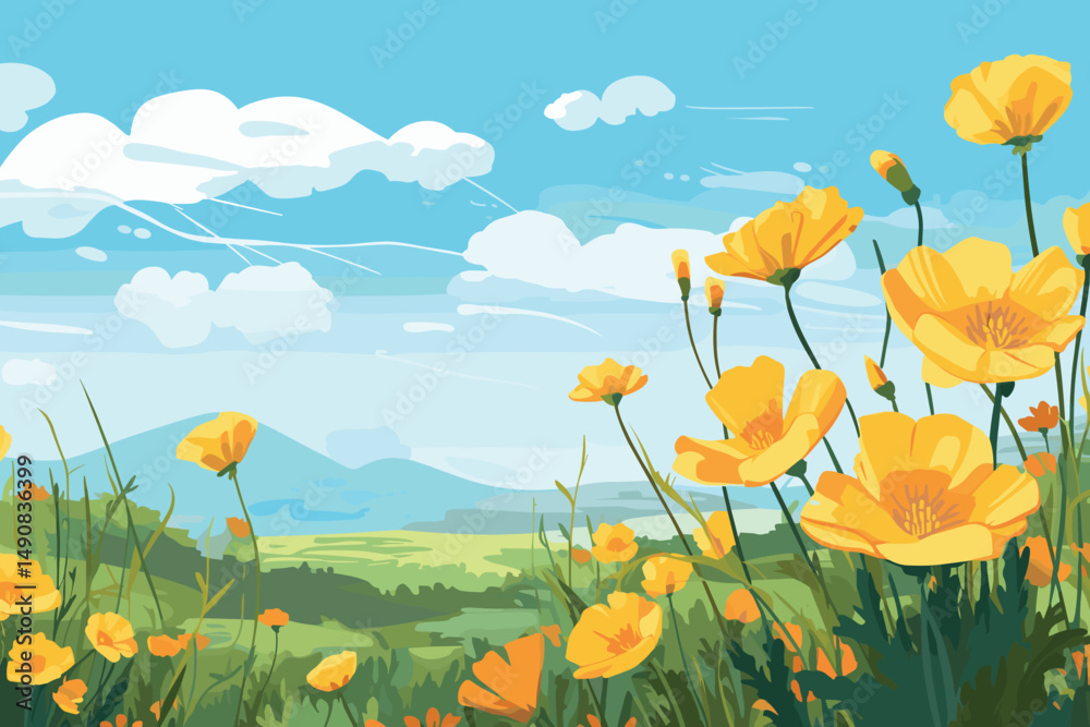 Obraz premium Vector spring, nature background with chamomiles and dandelions.