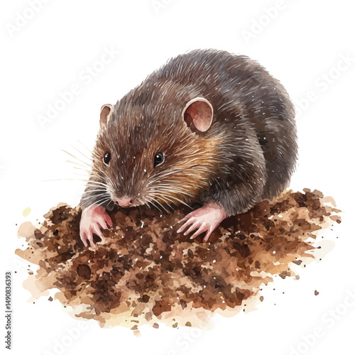 Mole Digging In Soil, watercolor painting vector, high quality, isolated on a white background.