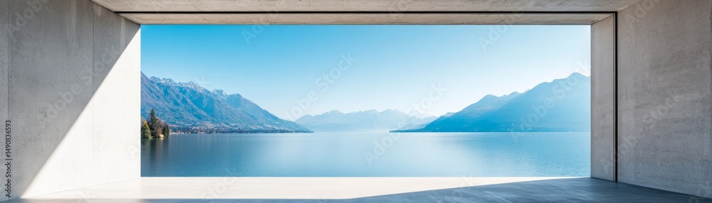 Naklejka premium Concrete Window View Serene Lake and Mountain Panorama, Modern Architecture, Landscape