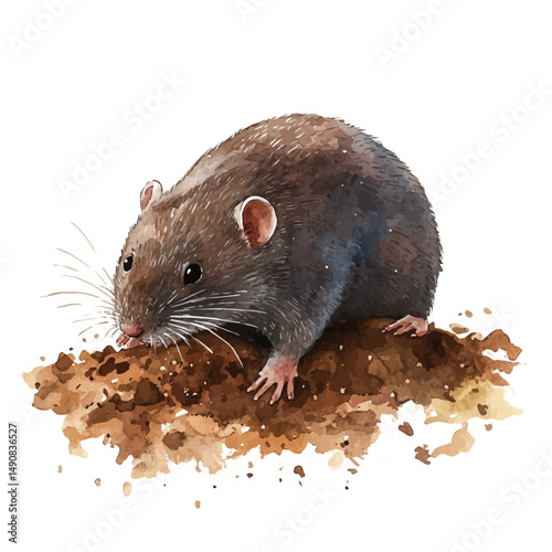 watercolor of Mole Digging In Soil, vector high quality, isolated on a white background.