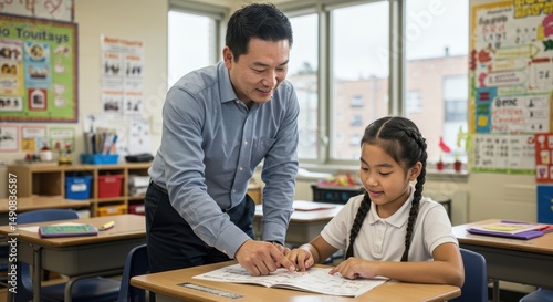 Attentive Asian Teacher Guiding Young Student with Learning Materials in Classroom Emphasizing Education Nurturing Development and Support Promoting Academic Growth and Achievement Together