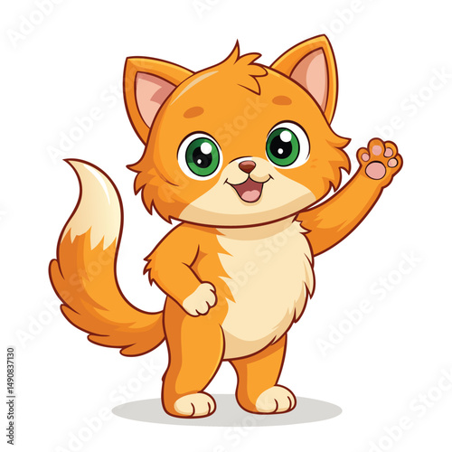 A fluffy ginger kitten standing on its hind legs with a paw raised and a joyful expression on white backgroundArtwork