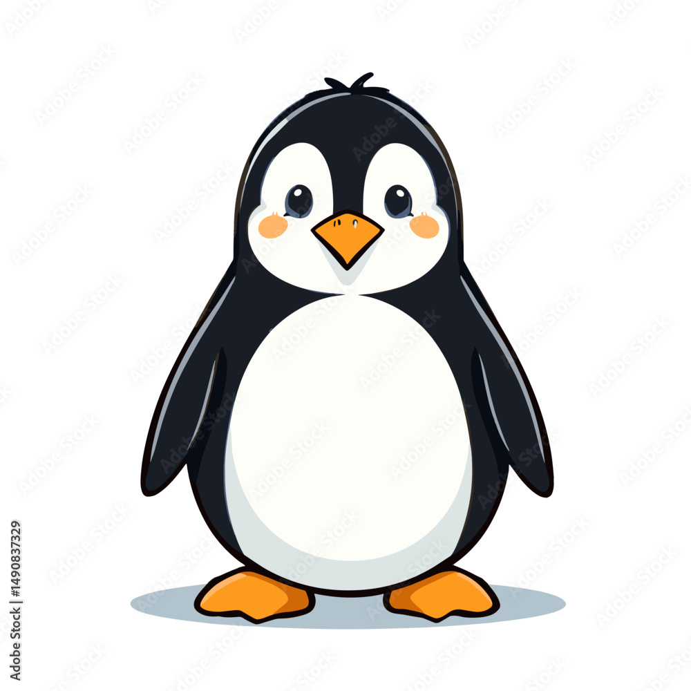 Fototapeta premium Cartoon penguin standing adorably on a white background, copy space