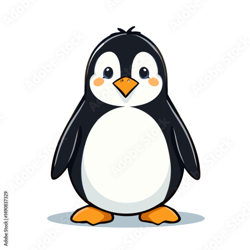 Cartoon penguin standing adorably on a white background, copy space