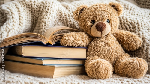 Wallpaper Mural Cozy teddy bear sitting beside a stack of colorful books on a warm blanket Torontodigital.ca