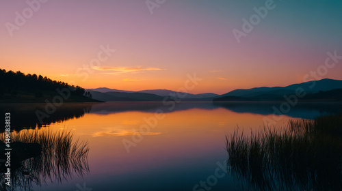 Lake reflecting the vibrant sunset sky with silhouettes of trees and distant mountains view