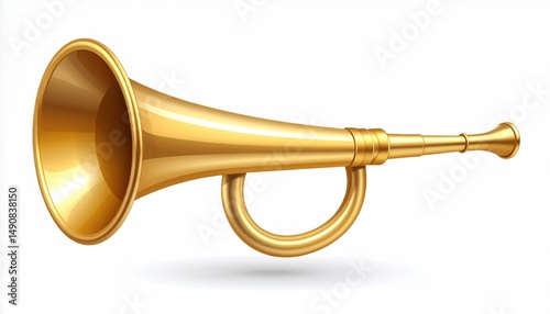 Elegant golden bugle illustration against white backdrop, symbolizing fanfare and triumph
