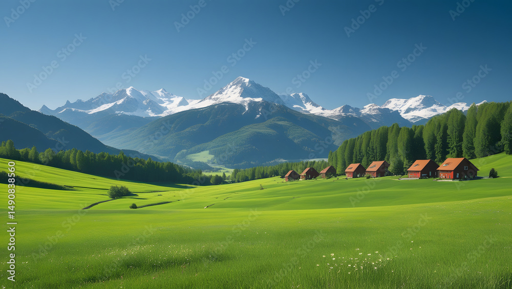 Obraz premium Alpine meadow landscape with mountains trees and clouds in spring or summer