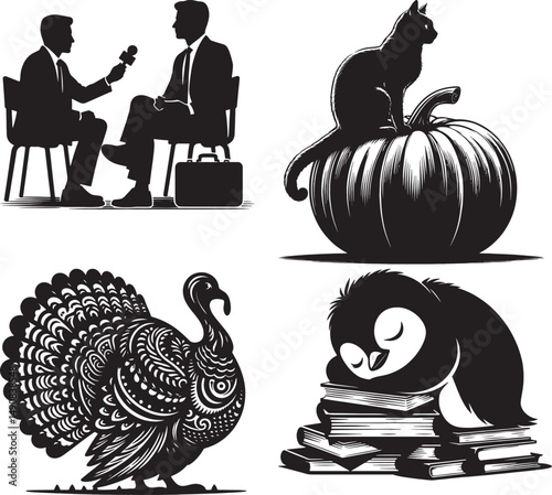 Black and white vector illustration featuring interview, cat, turkey, and penguin