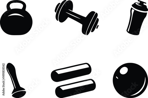 Modern and premium quality fitness or gym equipment silhouette vector art, fitness or gym equipment line art vector illustration, fitness or gym equipment vector icon logo design set