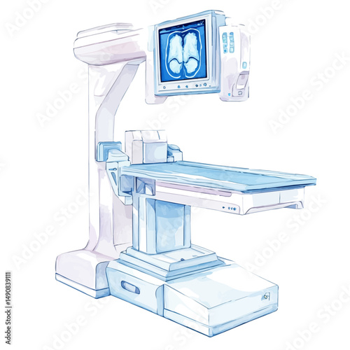 Modern X-ray Machine With A Glowing Screen, watercolor painting vector, high quality, isolated on a white background.