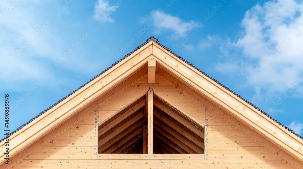 Framing of New Home Gable, Blue Sky, Construction ,Homebuilding Framing of New Home Gable, Blue Sky, Construction ,Homebuilding